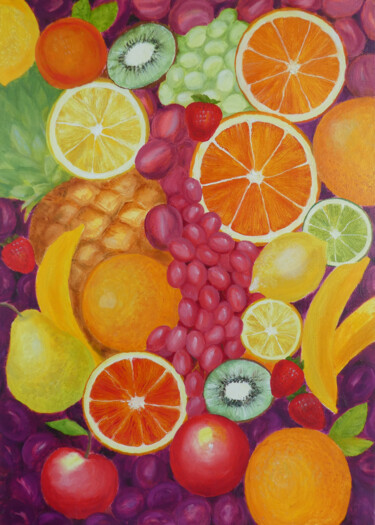 Painting titled "Fruits" by Tetiana Kosenko, Original Artwork, Oil Mounted on Wood Stretcher frame