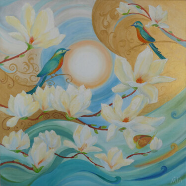 Painting titled "Birds singing at su…" by Tetiana Kosenko, Original Artwork, Oil Mounted on Wood Stretcher frame