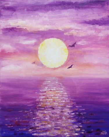 Painting titled "Sunrise on the sea" by Tetiana Kosenko, Original Artwork, Oil Mounted on Wood Stretcher frame