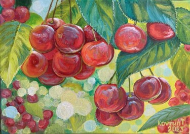 Painting titled "Juicy cherry" by Tetiana Kovtun, Original Artwork, Acrylic Mounted on Wood Stretcher frame