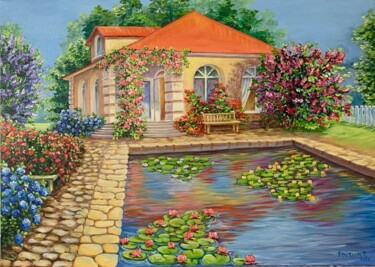 Painting titled "House in flowers" by Tetiana Kovtun, Original Artwork, Acrylic Mounted on Wood Stretcher frame