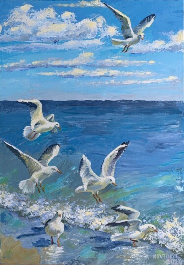 Painting titled "Jolly gulls" by Tetiana Kovtun, Original Artwork, Acrylic Mounted on Wood Stretcher frame