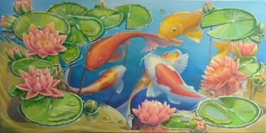 Painting titled "Koi fish" by Tetiana Kovtun, Original Artwork, Acrylic Mounted on Wood Stretcher frame