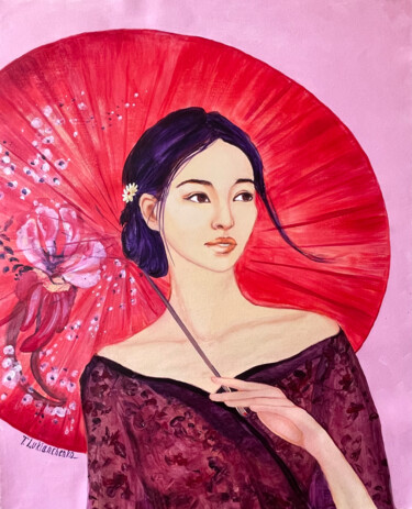 Pintura intitulada "Girl with a red umb…" por Tetiana Lukianchenko, Obras de arte originais, Acrílico