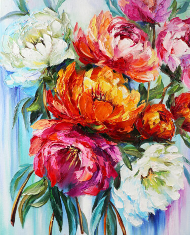 Painting titled "Bouquet colorful pe…" by Tetiana Masliuk, Original Artwork, Oil
