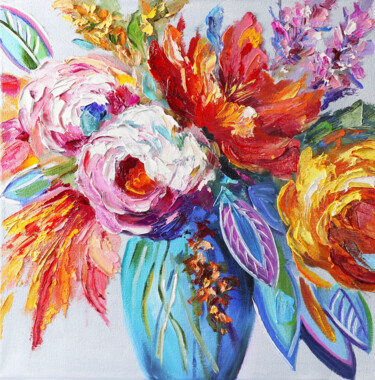 Painting titled "Colorful peonies in…" by Tetiana Masliuk, Original Artwork, Oil