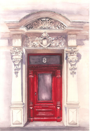 Painting titled "Red door" by Tetiana Savchenko, Original Artwork, Watercolor