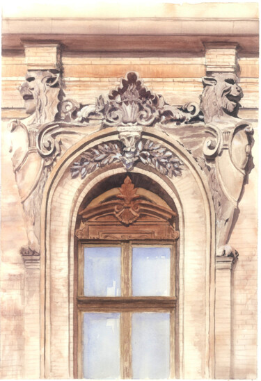 Картина под названием "Window with lions i…" - Tetiana Savchenko, Подлинное произведение искусства, Акварель