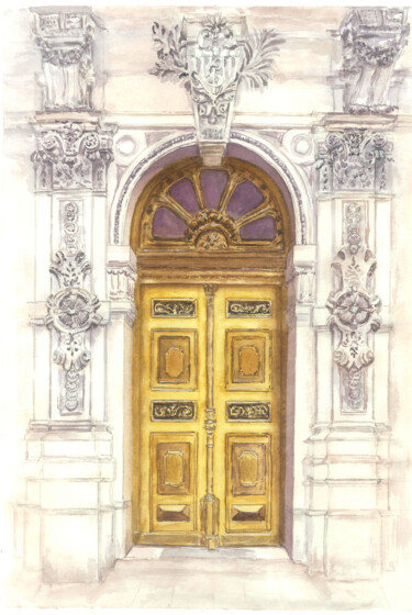 Pittura intitolato "Yellow door" da Tetiana Savchenko, Opera d'arte originale, Acquarello