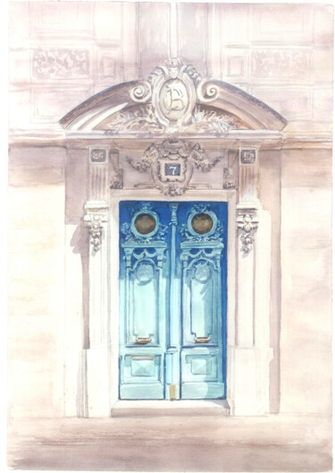 Pittura intitolato "Azure door" da Tetiana Savchenko, Opera d'arte originale, Acquarello