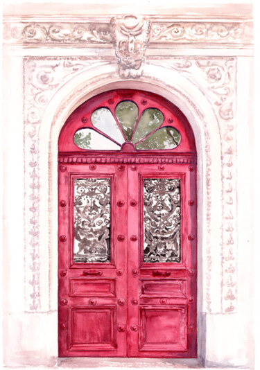 Картина под названием "Crimson door" - Tetiana Savchenko, Подлинное произведение искусства, Акварель