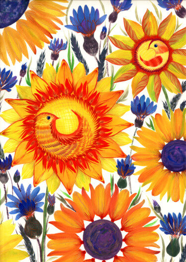 Картина под названием "Sunflowers" - Tetiana Savchenko, Подлинное произведение искусства, Гуашь
