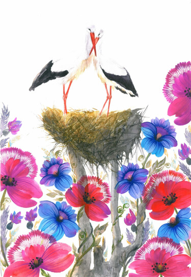 Картина под названием "Pair of storks in t…" - Tetiana Savchenko, Подлинное произведение искусства, Гуашь
