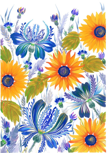 Картина под названием "Sunflowers and corn…" - Tetiana Savchenko, Подлинное произведение искусства, Гуашь