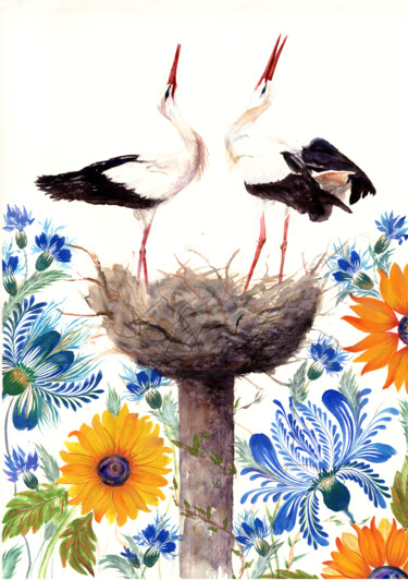 Painting titled "Pair of storks in t…" by Tetiana Savchenko, Original Artwork, Gouache