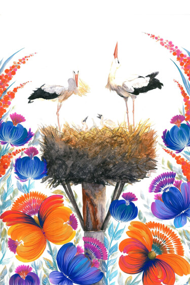 Painting titled "Pair of storks in t…" by Tetiana Savchenko, Original Artwork, Gouache