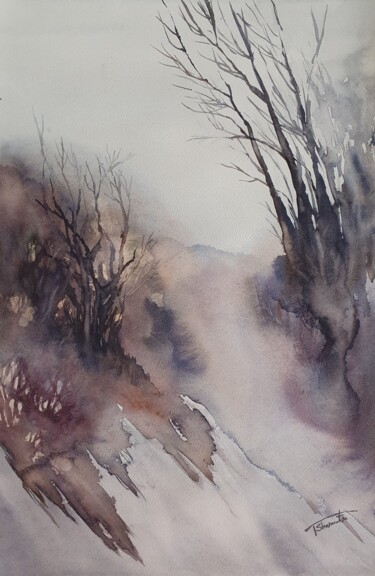 Painting titled "Overcast, Landscape" by Tetiana Sharanutsa, Original Artwork, Watercolor