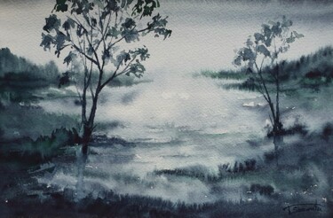 Malerei mit dem Titel "By the Misty River,…" von Tetiana Sharanutsa, Original-Kunstwerk, Aquarell