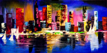 Картина под названием "Night city Painting" - Tetiana Surshko (SurshkoArt), Подлинное произведение искусства, Масло