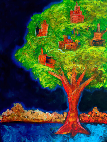 Εκτυπώσεις & Χαρακτικά με τίτλο "Tree house Painting" από Tetiana Surshko (SurshkoArt), Αυθεντικά έργα τέχνης, Ψηφιακή εκτύπ…