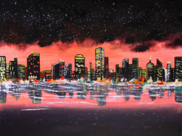 Painting titled "Night Coastal Citys…" by Tetiana Surshko (SurshkoArt), Original Artwork, Oil