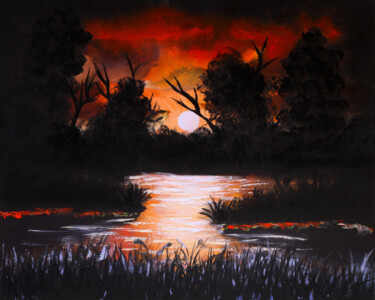 Printmaking titled "Night pond Painting" by Tetiana Surshko (SurshkoArt), Original Artwork, Digital Print