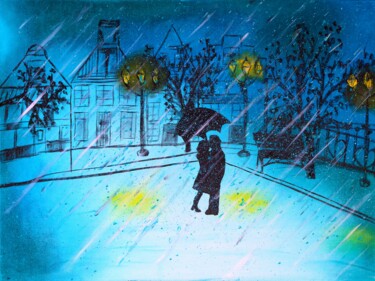 「City rain art Paint…」というタイトルの絵画 Tetiana Surshko (SurshkoArt)によって, オリジナルのアートワーク, オイル