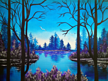 Pintura intitulada "Blue lake Painting" por Tetiana Surshko (SurshkoArt), Obras de arte originais, Óleo