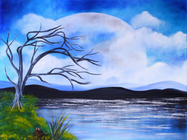 Painting titled "Navy blue lake pain…" by Tetiana Surshko (SurshkoArt), Original Artwork, Oil