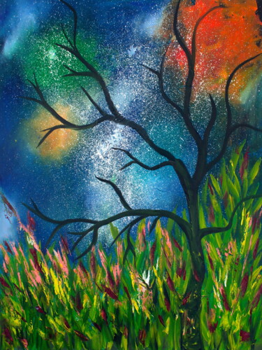 Schilderij getiteld "Starry sky forest P…" door Tetiana Surshko (SurshkoArt), Origineel Kunstwerk, Olie