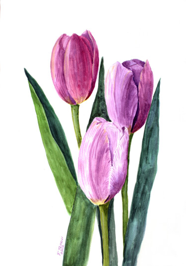 Schilderij getiteld ""Purple tulips"" door Tetiana Teresh, Origineel Kunstwerk, Aquarel