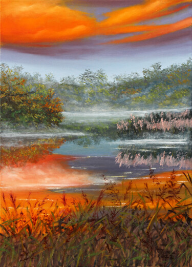 Картина под названием ""Fog on the lake"" - Tetiana Teresh, Подлинное произведение искусства, Масло