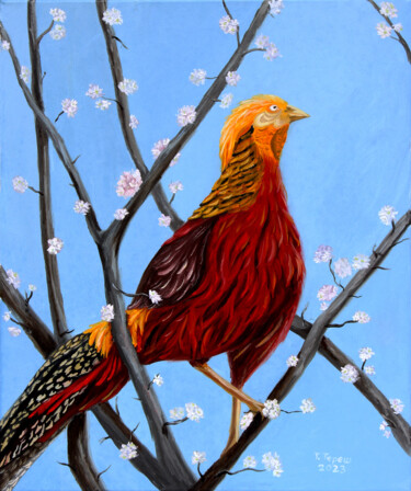 Painting titled ""A bird on a blosso…" by Tetiana Teresh, Original Artwork, Oil