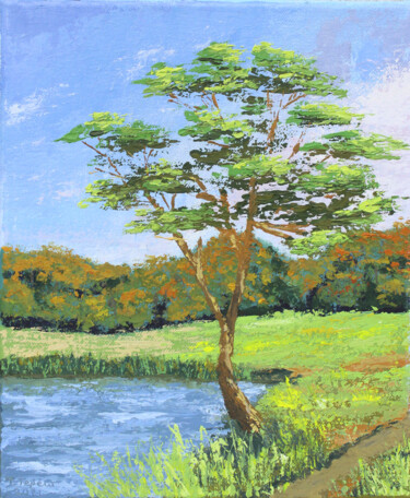 Peinture intitulée ""Tree by the lake"" par Tetiana Teresh, Œuvre d'art originale, Huile
