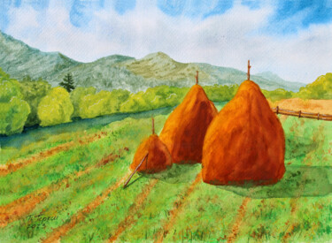 Pintura titulada ""Three piles of hay"" por Tetiana Teresh, Obra de arte original, Acuarela
