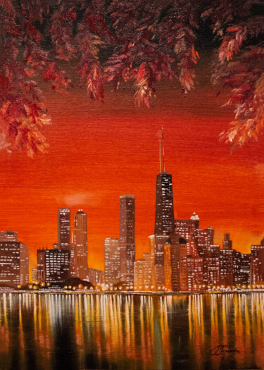 Картина под названием ""SUNSET OVER CHICAG…" - Tetiana Tiplova, Подлинное произведение искусства, Масло
