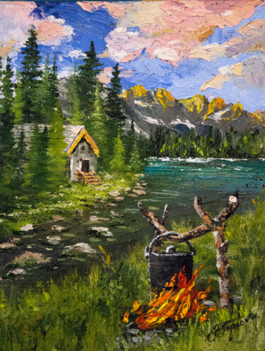 Painting titled ""CAMPING BY THE LAK…" by Tetiana Tiplova, Original Artwork, Oil
