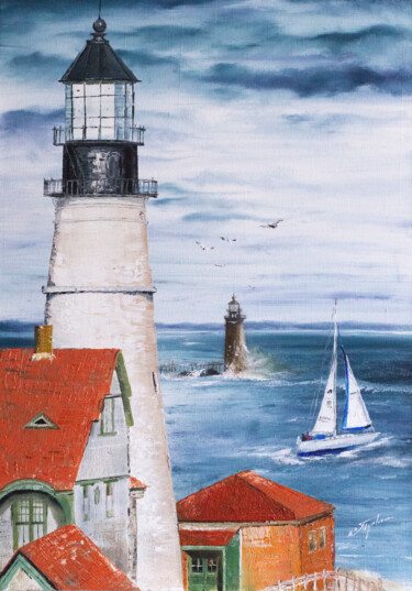 Painting titled ""PORTLAND LIGHTHOUS…" by Tetiana Tiplova, Original Artwork, Oil