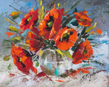 Painting titled ""THE POPPIES IN GLA…" by Tetiana Tiplova, Original Artwork, Oil