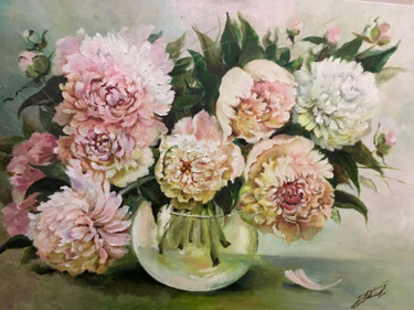 Painting titled "''PEONIES IN A GLAS…" by Tetiana Tiplova, Original Artwork, Oil