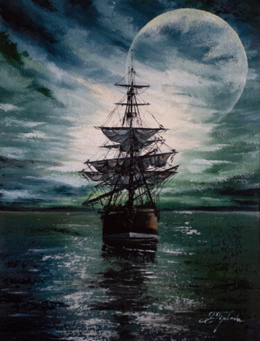 Painting titled ""SHIP ON THE OCEAN"" by Tetiana Tiplova, Original Artwork, Oil