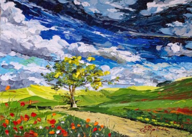Painting titled ""TREE BY THE ROAD"" by Tetiana Tiplova, Original Artwork, Oil
