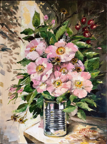 Painting titled ""WILD ROSES IN THE…" by Tetiana Tiplova, Original Artwork, Oil