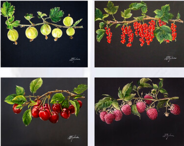 Painting titled ""FRUITS ON A GRAY B…" by Tetiana Tiplova, Original Artwork, Oil