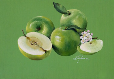 Painting titled ""APPLES ON GREEN BA…" by Tetiana Tiplova, Original Artwork, Oil