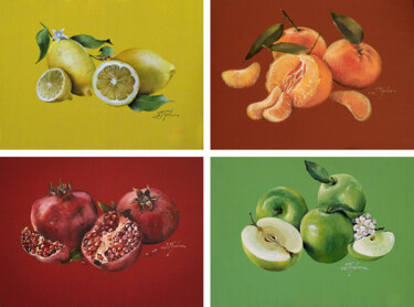 Painting titled "''FRUITS ON A COLOR…" by Tetiana Tiplova, Original Artwork, Oil