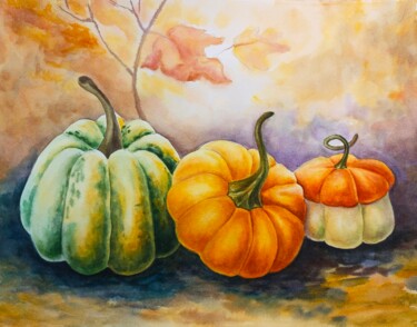 Malarstwo zatytułowany „Autumn pumpkins” autorstwa Tetiana Vlasenko, Oryginalna praca, Akwarela