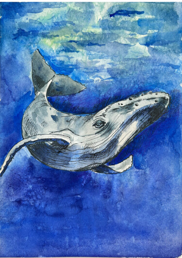 Painting titled "Whale" by Tetiana Zelinska, Original Artwork, Watercolor