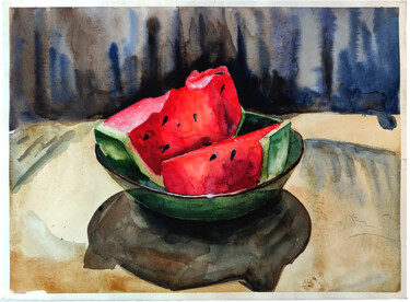 Painting titled "Watermelon on the p…" by Tetiana Zelinska, Original Artwork, Watercolor