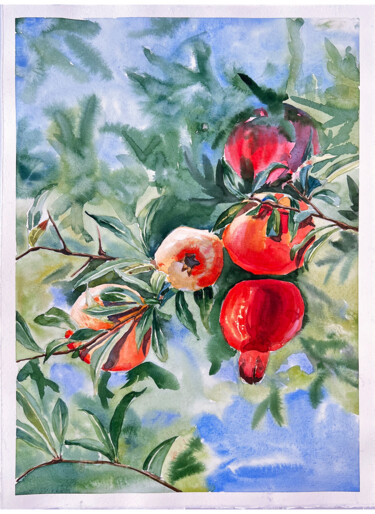 Painting titled "Pomegranate" by Tetiana Zelinska, Original Artwork, Watercolor